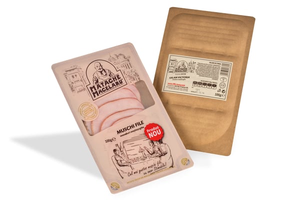 Paper-based thermoformer packaging for sliced meat
