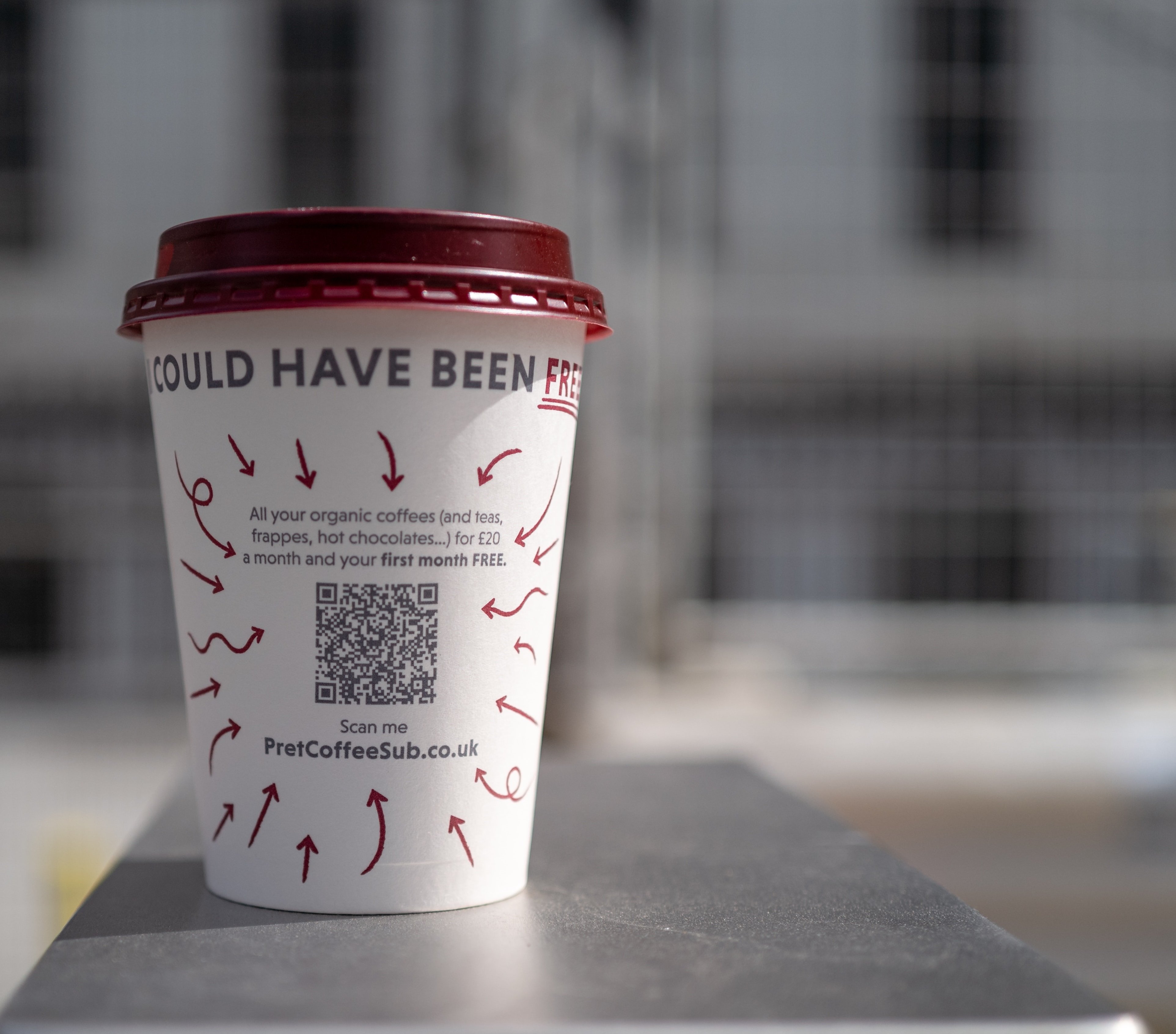 Pret A Manager coffee cup with QR code link