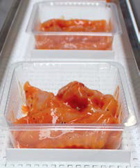 Marinated poultry in trays on a conveyor